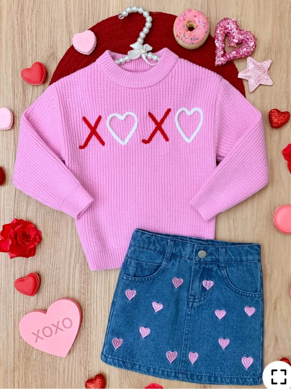 Mia Belle Girls Toddler Valentine Heart Wrap Skirt Skort Denim Sweater Pink 3T